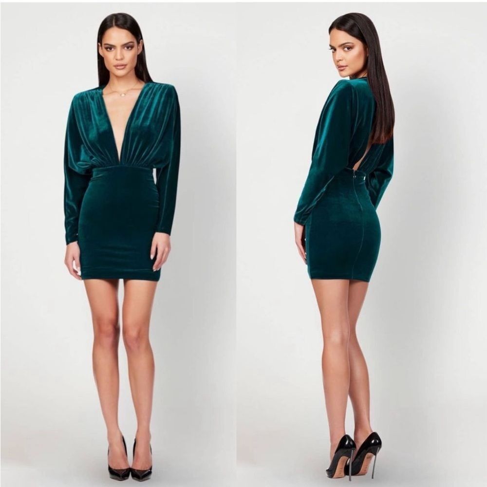 Nookie Rumi Deep V Velvet Mini Dress in Teal Large